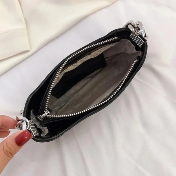 Black Patent Crossbody Bag with Silver Chain - Picture 7 of 10